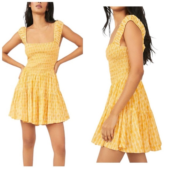 FREE PEOPLE | Sweet Annie Sunshine Combo Fit & Flare Smocked Mini Dress Size XS - Picture 2 of 14